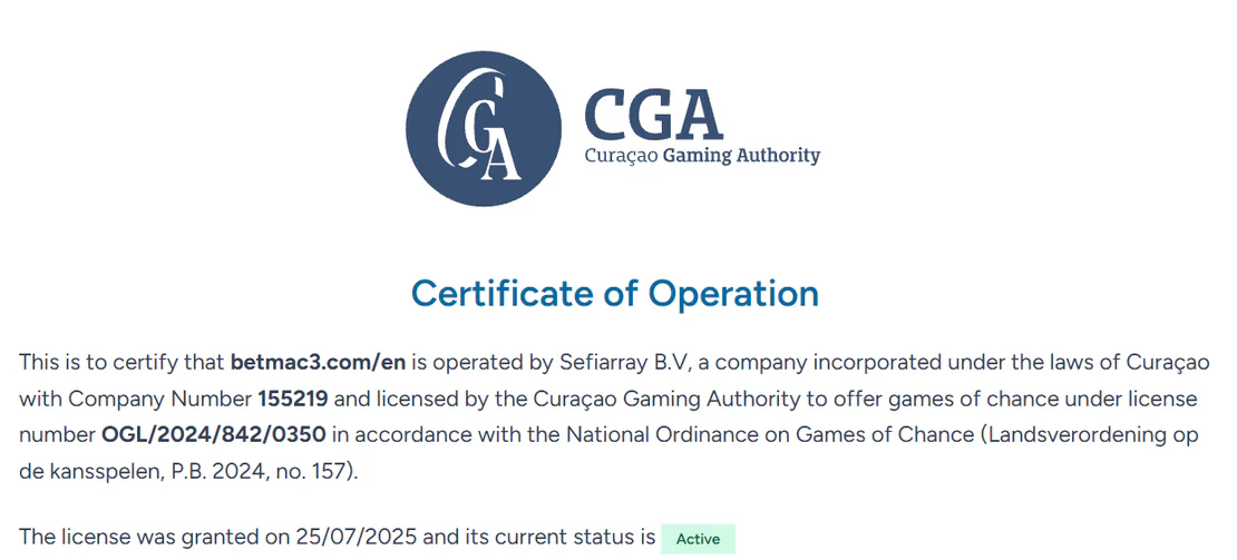 Betmac Casino Curaçao Gaming Authority certificate of operation for Sefiarray B.V. with active licence OGL/2024/842/0350