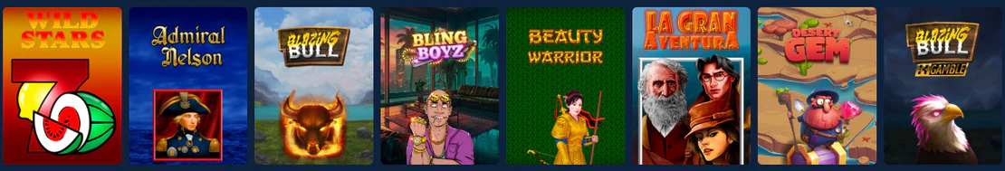Betmac Casino slot games including Wild Stars, Admiral Nelson, Blazing Bull, Bling Boyz, Beauty Warrior, La Gran Aventura, Desert Gem and Blazing Bull Gamble